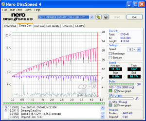 Pioneer DVR-216 - CDspeed zápis DVD+R 16×@16×