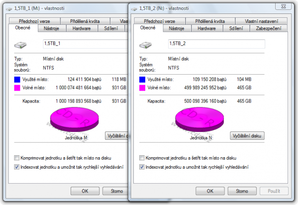 Kapacita dvou částí rozděleného 1,5TB disku