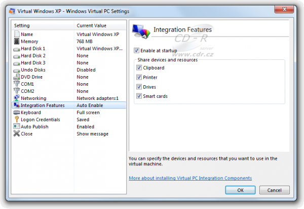 Windows XP Mode - nastavení virtuálního PC - Integration Feature