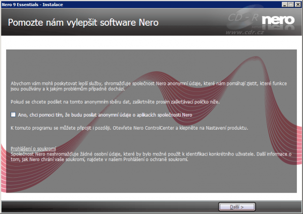 Instalace Nero 9 Free - Dotaz na anonymní zasílání informací