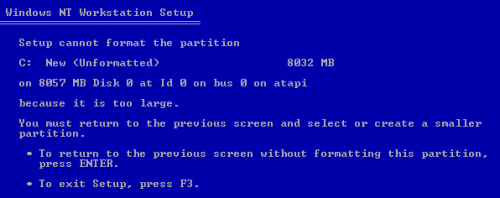 Instalace Windows NT 4.0 - zkolabování na příliš velkém disku