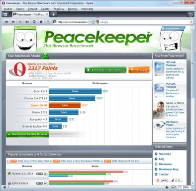 Opera 10 - srovnání s dalšími prohlížeči v benchmarku Peacekeeper