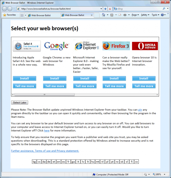 Web browser ballot screen - obrazovka pro uživatele s výběrem webového prohlížeče