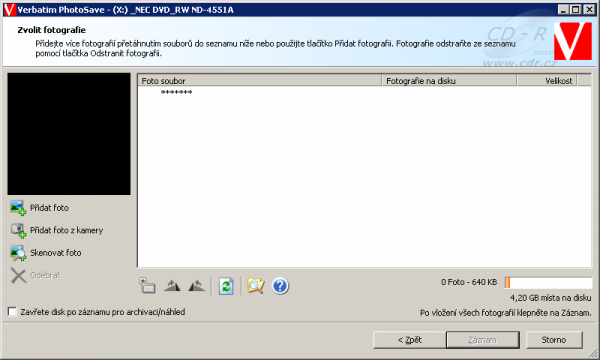 Verbatim PhotoSave DVD: Ruční výběr fotek - zatím prázdné okno