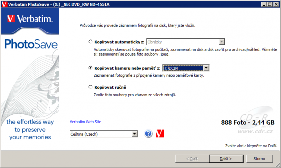 Verbatim PhotoSave DVD: Volba paměťové karty coby zdroje fotek