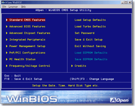 WinBIOS obrazovka