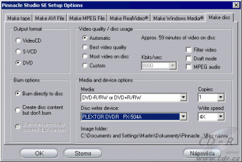 Pinnacle Studio 8 Nastavení pro vypalování