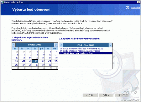 Windows XP - Obnovení systému - výběr bodu