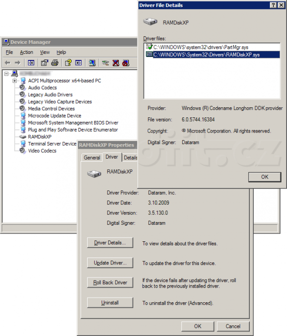 Dataram RAMdisk ve správci zařízení (Windows XP x64)