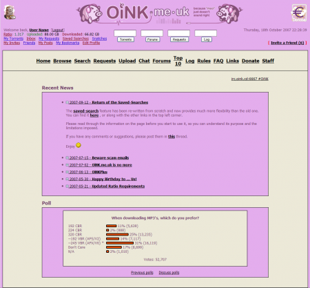 Stránka serveru OiNK před tím, než byl server uzavřen