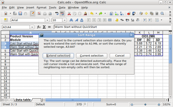 OpenOffice.org 3.2 - Calc - rozšíření výběru při třídění