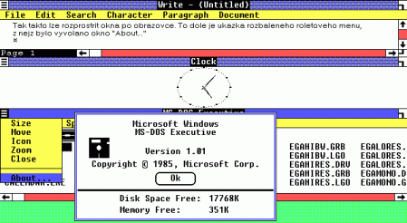 Windows 1.01 - řazení oken, roletové menu, About...