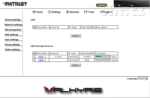 Patriot Valkyrie - web disk management HDD neformátovány