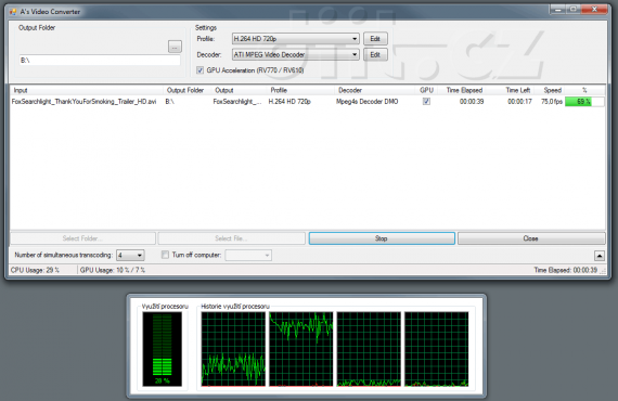 A´s Video Converter - průběh kódování s GPU akcelerací - Radeon HD 3850 + Radeon HD 4290