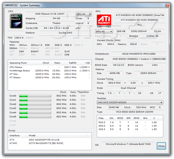 AMD Phenom II X6 1090T - HWiNFO32, v klidu