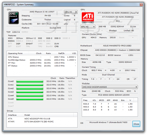 AMD Phenom II X6 1090T - HWiNFO32, v zátěži všech jader