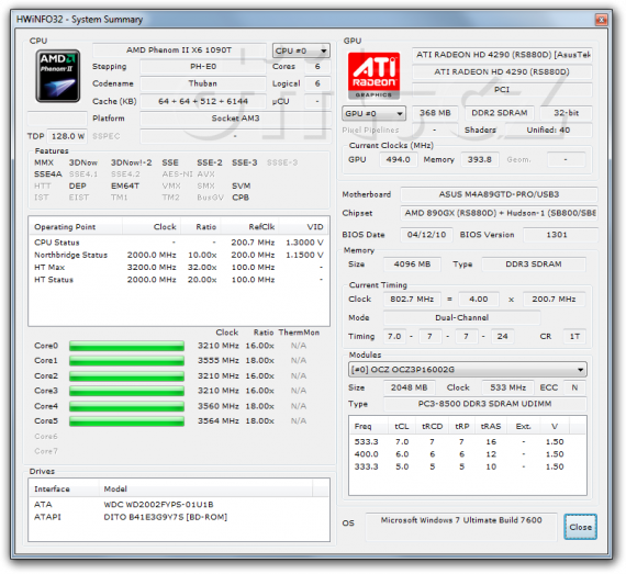 AMD Phenom II X6 1090T - HWiNFO32, v zátěži tří jader