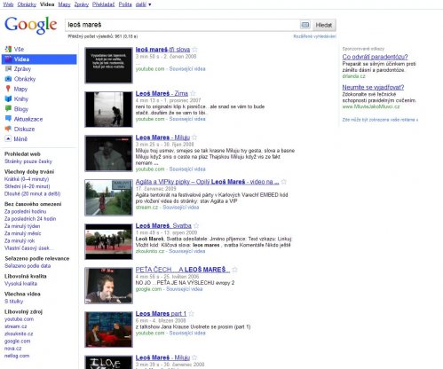 Google - výsledky vyhledávání videa