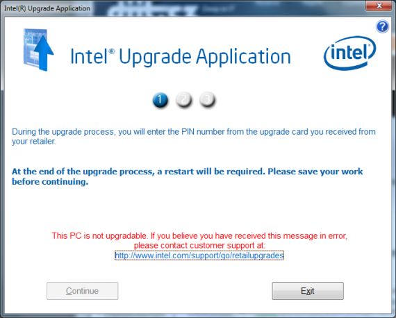 Intel Upgrade Application - upgrade nelze provést