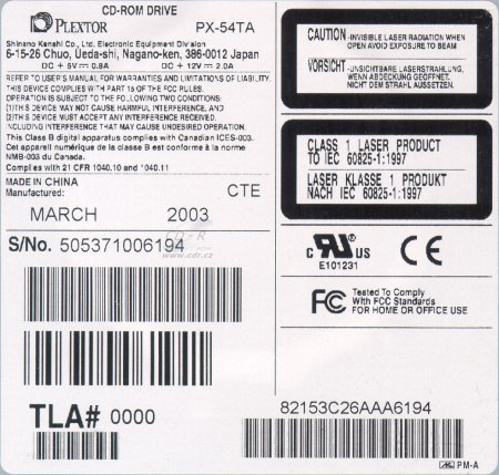 Plextor PX-54TA - Výrobní štítek