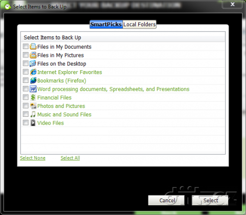 Memeo Backup - select source smartpicks