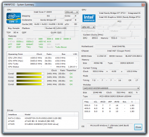 HWiNFO32 - Intel Core i7 2600K, zátěž všech jader (Turbo 3,5 GHz)