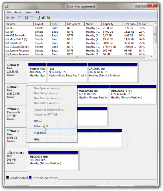 „Windows 8“ M1 - odpojování virtuálního disku (VHD) ve správci disků