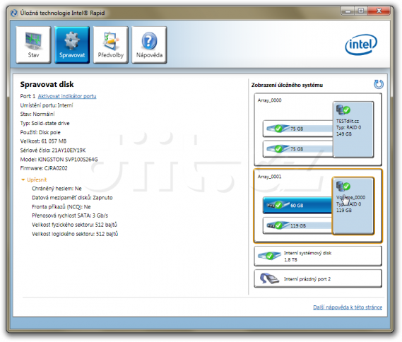 Intel Rapid Storage: Zrychlit lze jen jeden disk