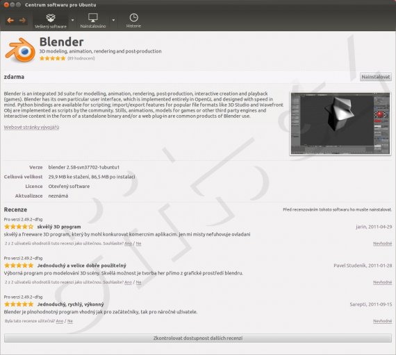 Ubuntu 11.10 beta 2 - Centrum softwaru - detail aplikace Blender