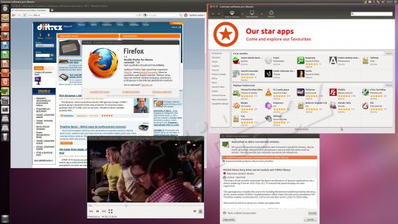 Ubuntu 11.10 beta 2, plocha, Firefox, ovladače, Centrum softwaru, přehrávač videí