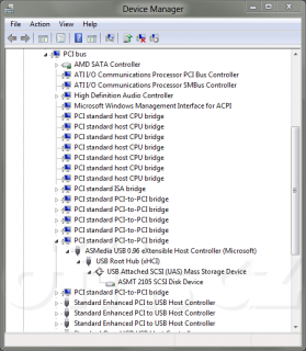 Windows 8 - správce zařízení: ASMedia USB 0.96 XHCI + UAS Mass Storage zařízení