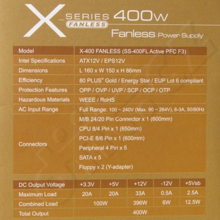 Seasonic X-400 Fanless (SS-400FL Active PFC F3) - informace z boku krabice