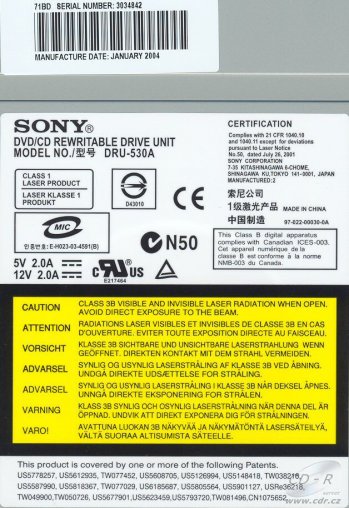 Sony DRU-530A - výrobní štítek