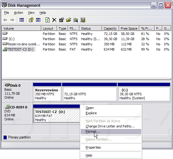 Formátování PD v mechanice LF-D101 ve Windows XP x64 přes správce disků