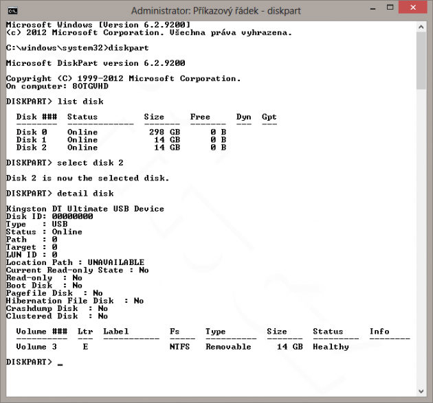 Diskpart - volba příslušné USB flešky