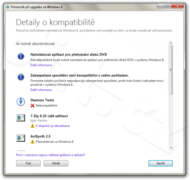 Detaily o kompatibilitě - Pomocník při upgradu na Windows 8