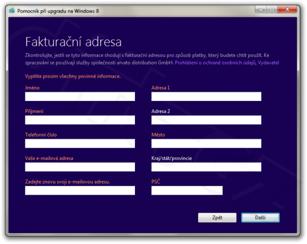Fakturační adresa - Pomocník při upgradu na Windows 8
