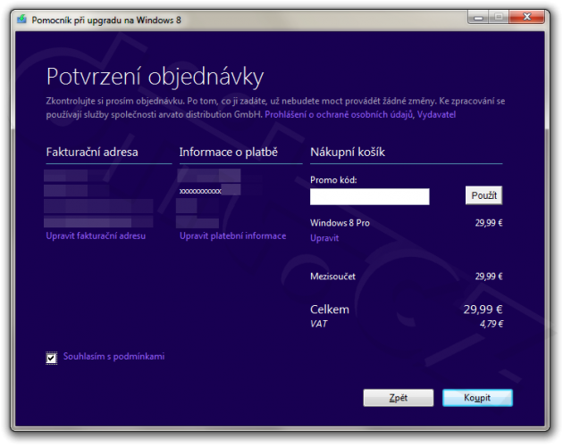 Potvrzení objednávky - Pomocník při upgradu na Windows 8