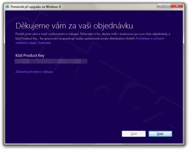 Kód Product Key - Pomocník při upgradu na Windows 8