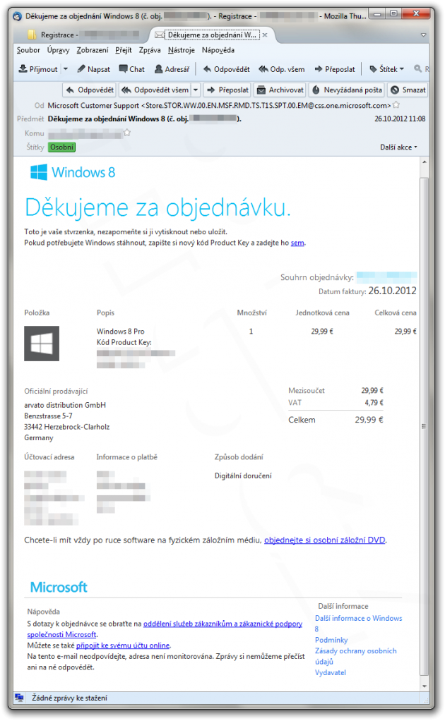 Mail s objednávkou Windows 8 Pro