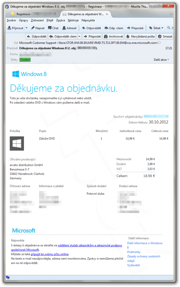 Mail s objednávkou záložního disku Windows 8 Pro