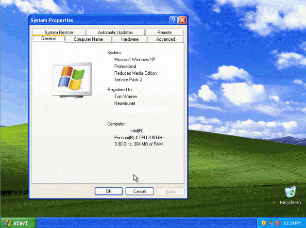 Windows XP RME: Systém - vlastnosti