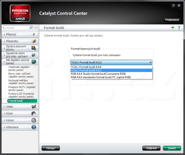 AMD Catalyst Control Center - Formát bodů - YCbCr 4:2:2