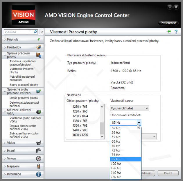 AMD Vision Control Engine - nabídky frekvence při 1600×1200