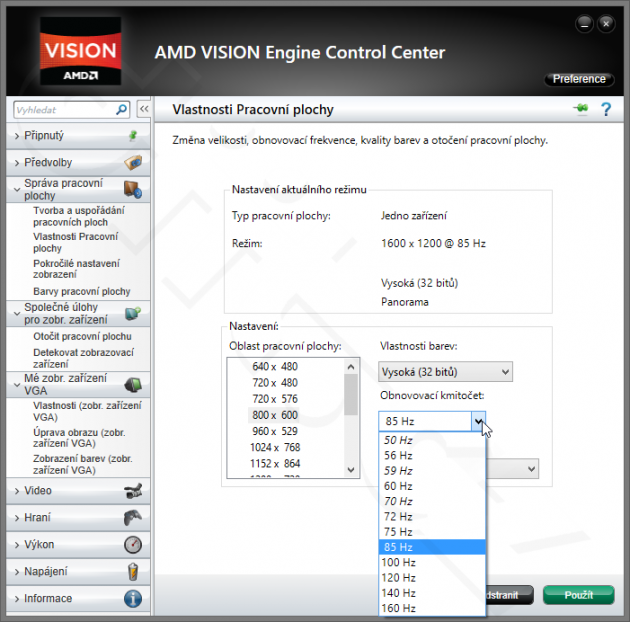 AMD Vision Control Engine - nabídky frekvence při 800×600