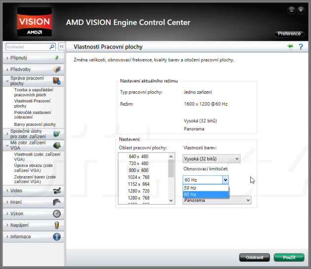 AMD Vision Control Engine - nabídky frekvence při 800×600 u monitoru bez EDID