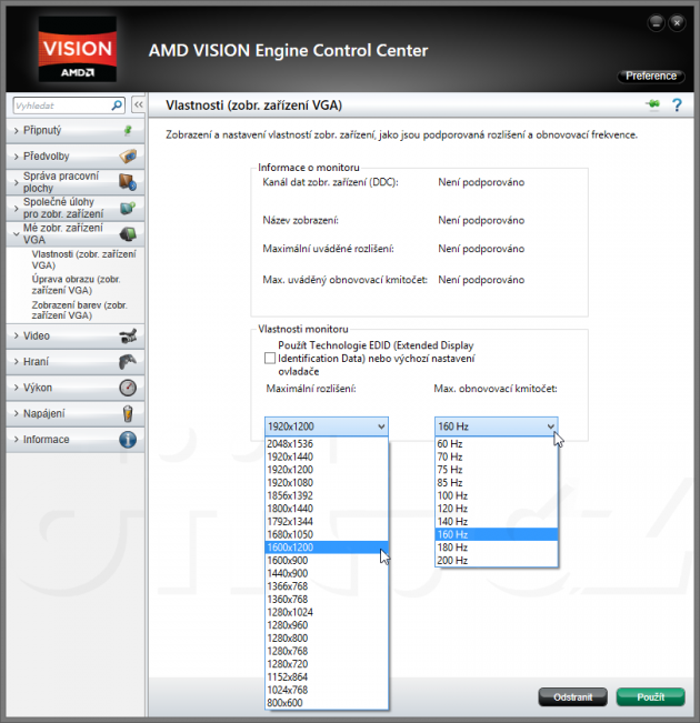 AMD Vision Control Engine - nabídky rozlišení a frekvence při obcházení EDID