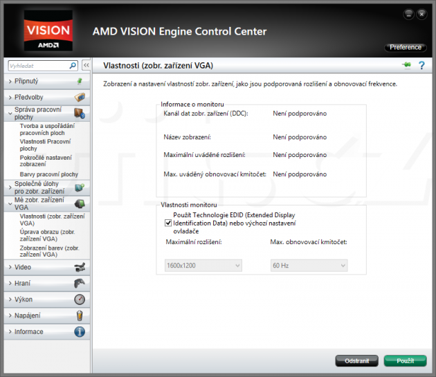 AMD Vision Engine Control Center - informace o neznámém monitoru (bez podpory EDID)