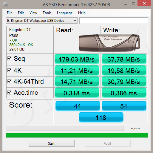 AS SSD Benchmark - Kingston DT Workspace 32GB - rychlost