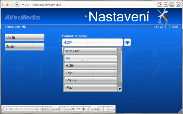 AVer MediaCenter - konfigurace vstipního HD zdroje - Formát nahrávání